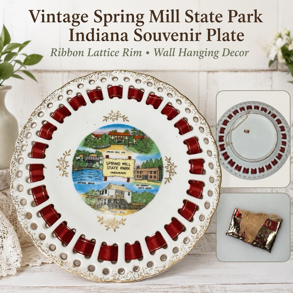 Vintage Spring Mill State Park Indiana Souvenir Plate Ribbon Gold Trim
